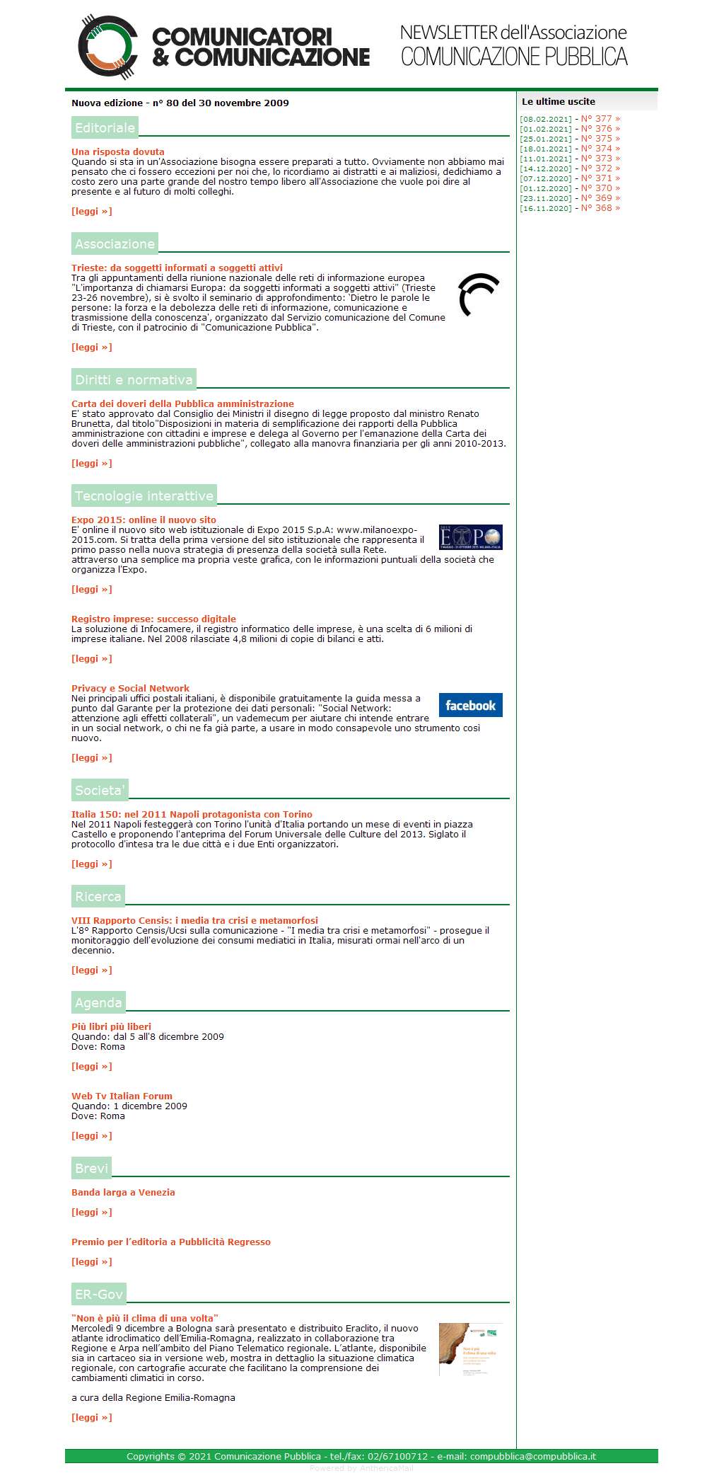 Comunicatori e Comunicazione Newsletter  n� 80 - 30 novembre 2009