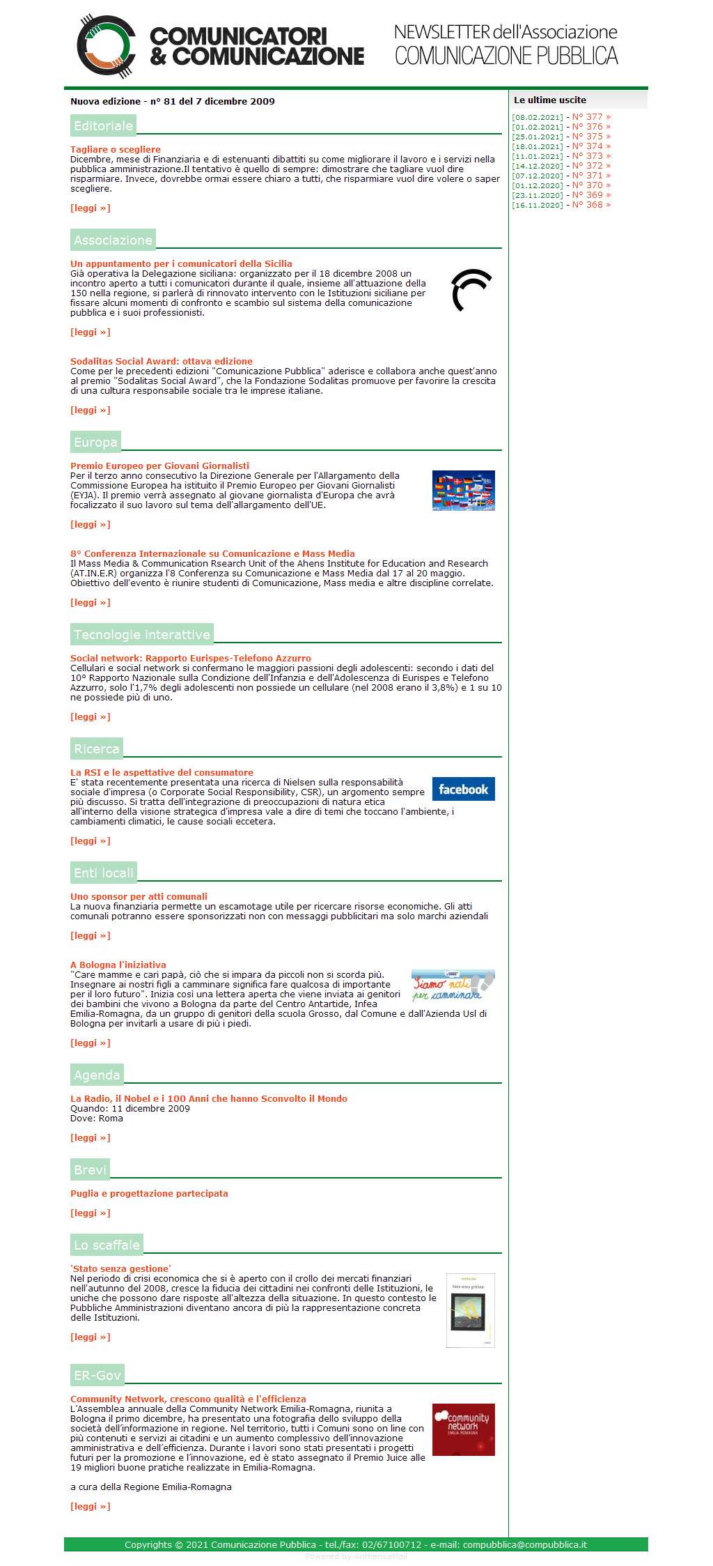 Comunicatori e Comunicazione Newsletter  n� 81 - 7 dicembre 2009