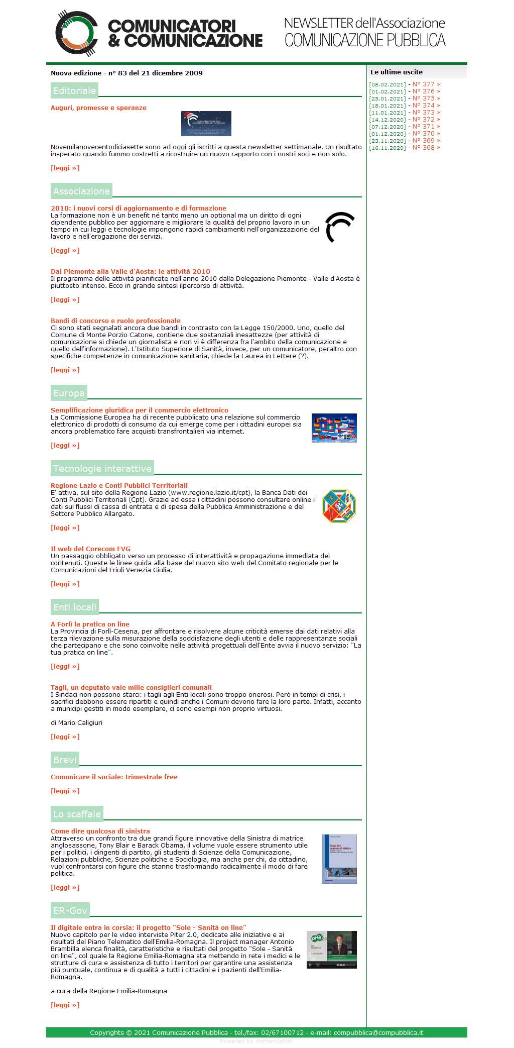 Comunicatori e Comunicazione Newsletter  n� 83 - 21 dicembre 2009