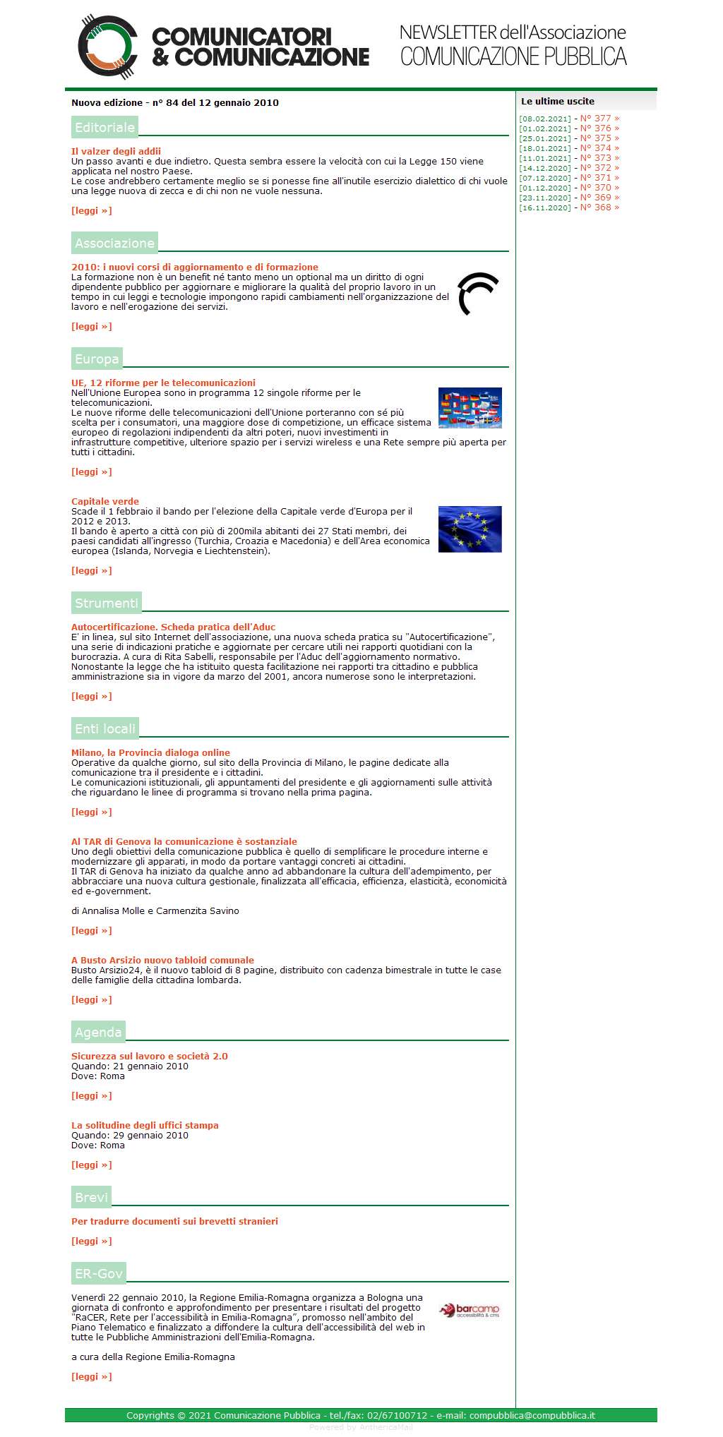 Comunicatori e Comunicazione Newsletter  n� 84 - 11 gennaio 2010