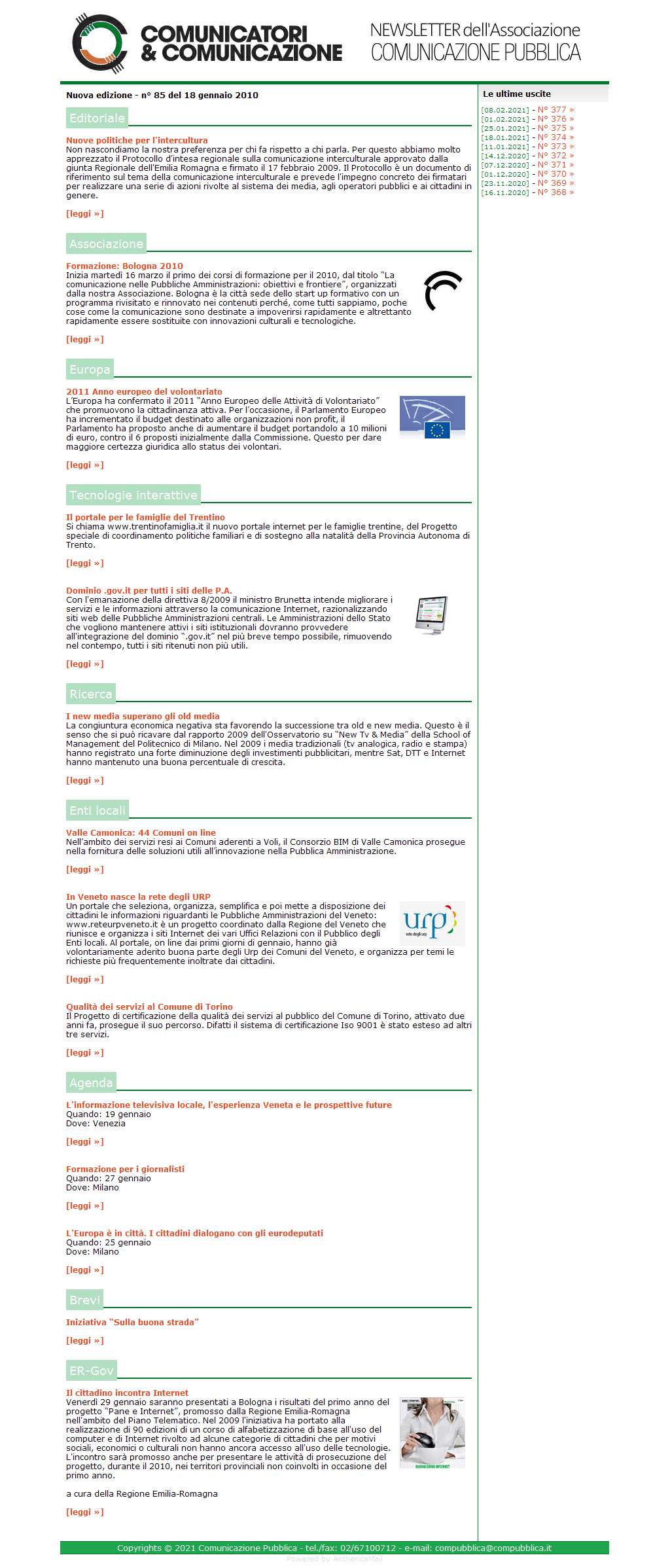 Comunicatori e Comunicazione Newsletter  n� 85 - 18 gennaio 2010