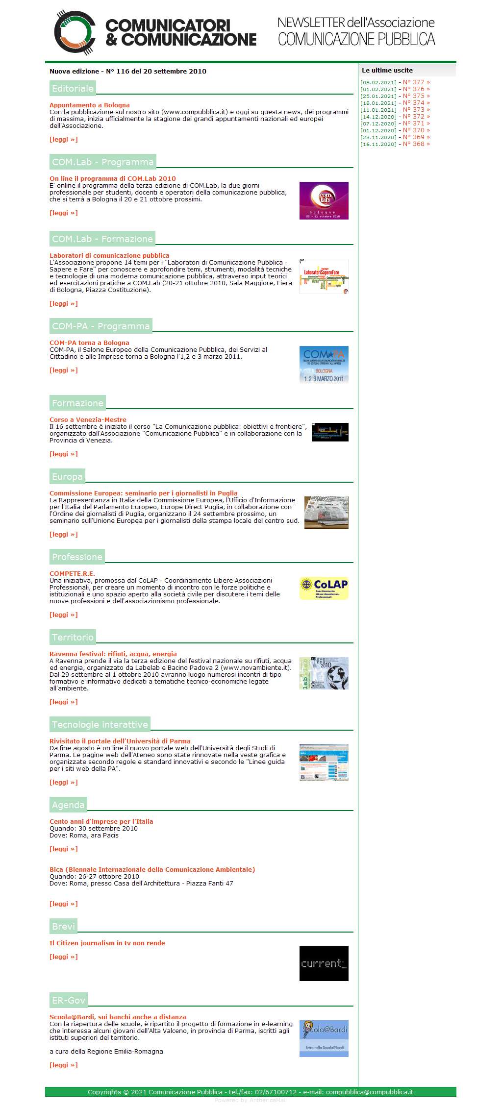 Comunicatori e Comunicazione Newsletter  n� 116 -   20 settembre 2010