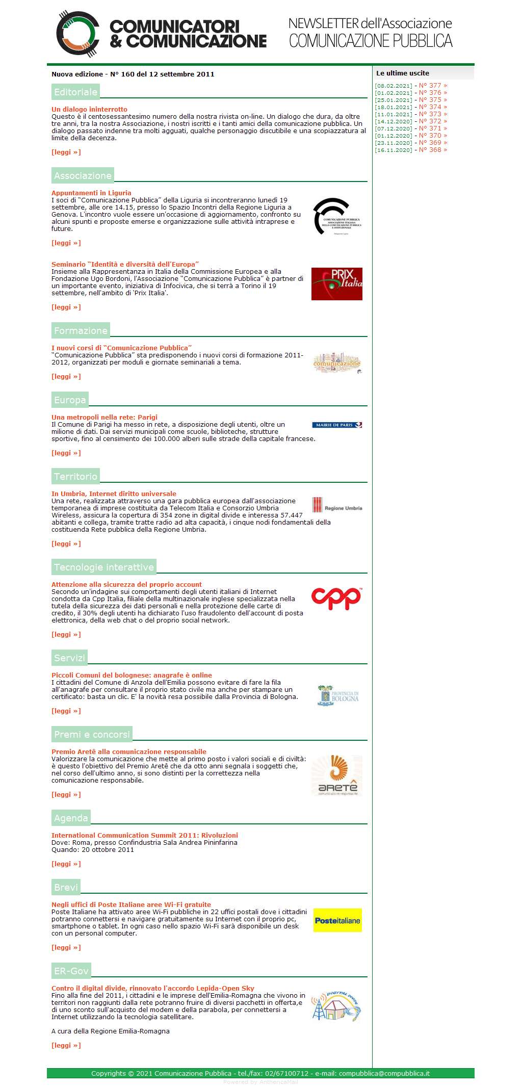 Comunicatori e Comunicazione Newsletter  n� 160  -  12 settembre 2011