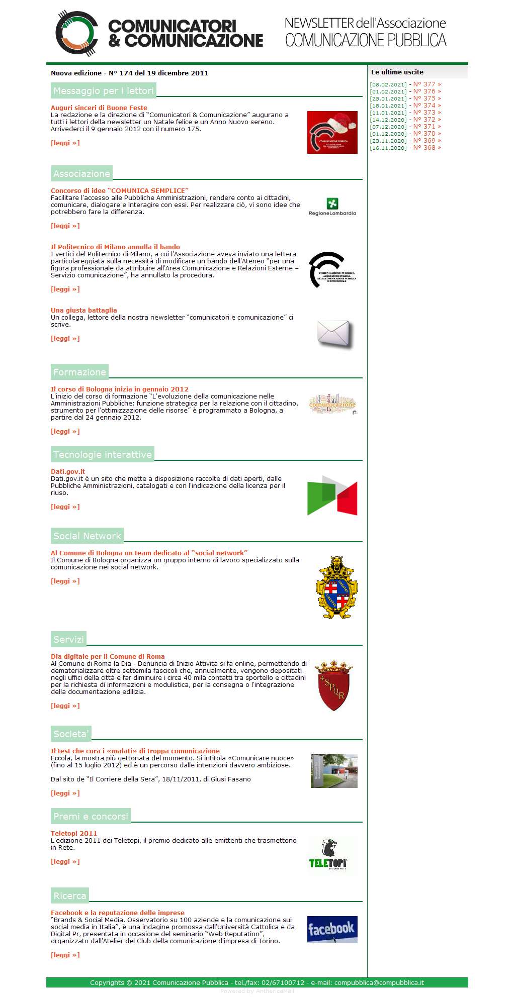 Comunicatori e Comunicazione Newsletter  n� 174  - 19 dicembre 2011