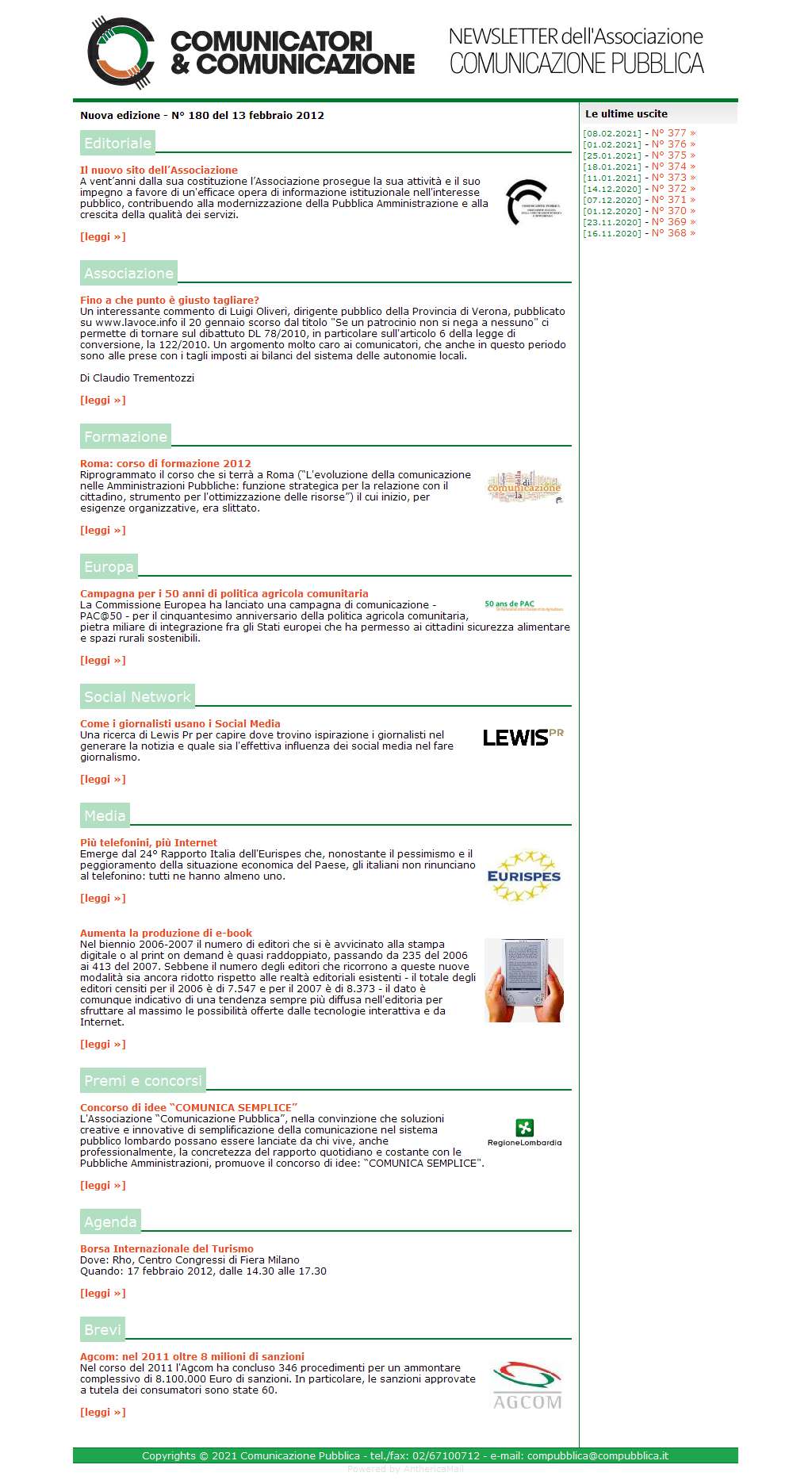 Comunicatori e Comunicazione Newsletter  n� 180  - 13 febbraio 2012