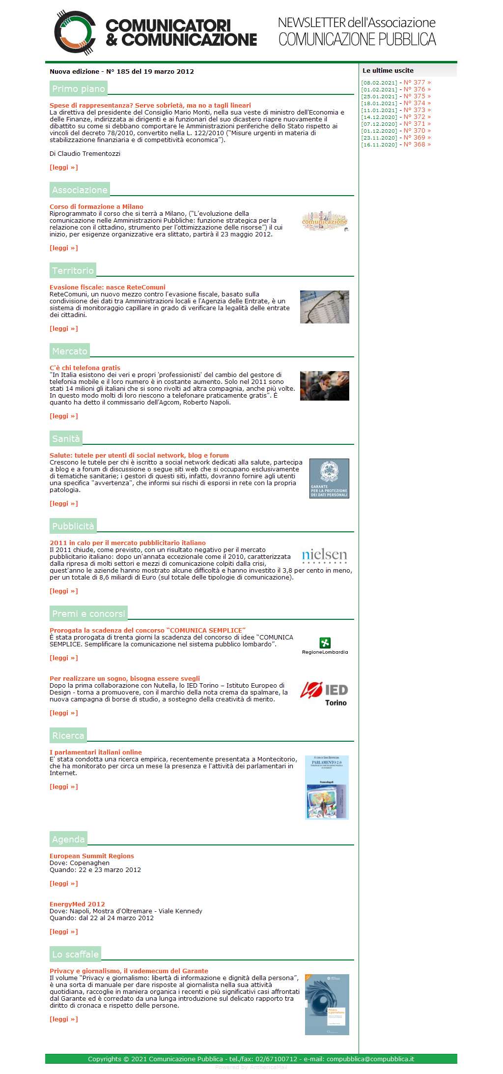 Comunicatori e Comunicazione Newsletter  n� 185  - 19 marzo 2012