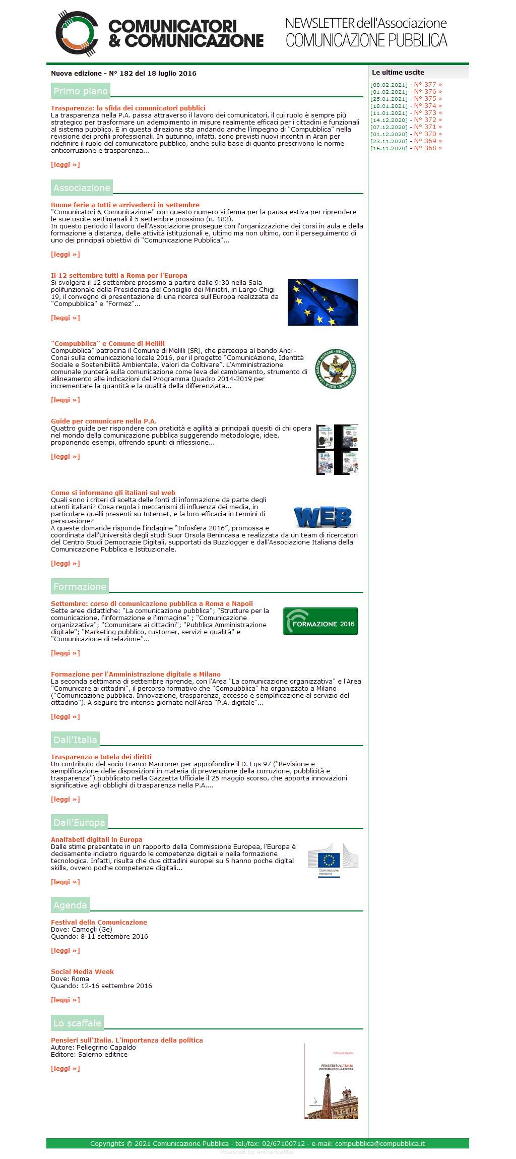 Comunicatori e Comunicazione n� 182 - 18 luglio 2016