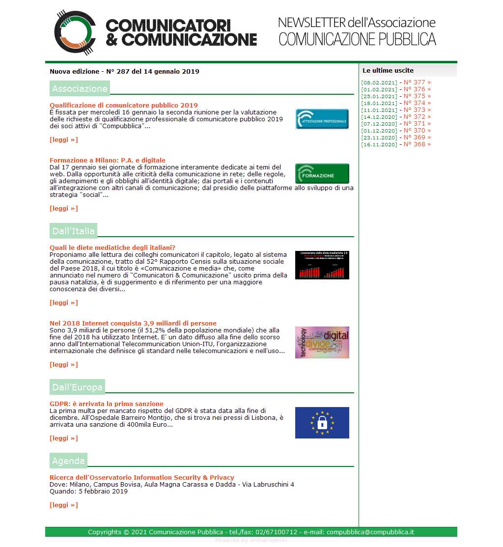 Comunicatori e Comunicazione n� 287 - 14 gennaio 2019