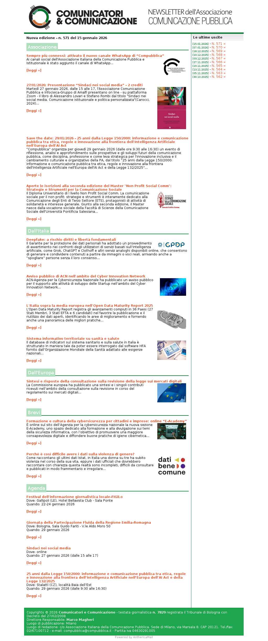 Comunicatori e Comunicazione n� 571 - 15 gennaio 2026