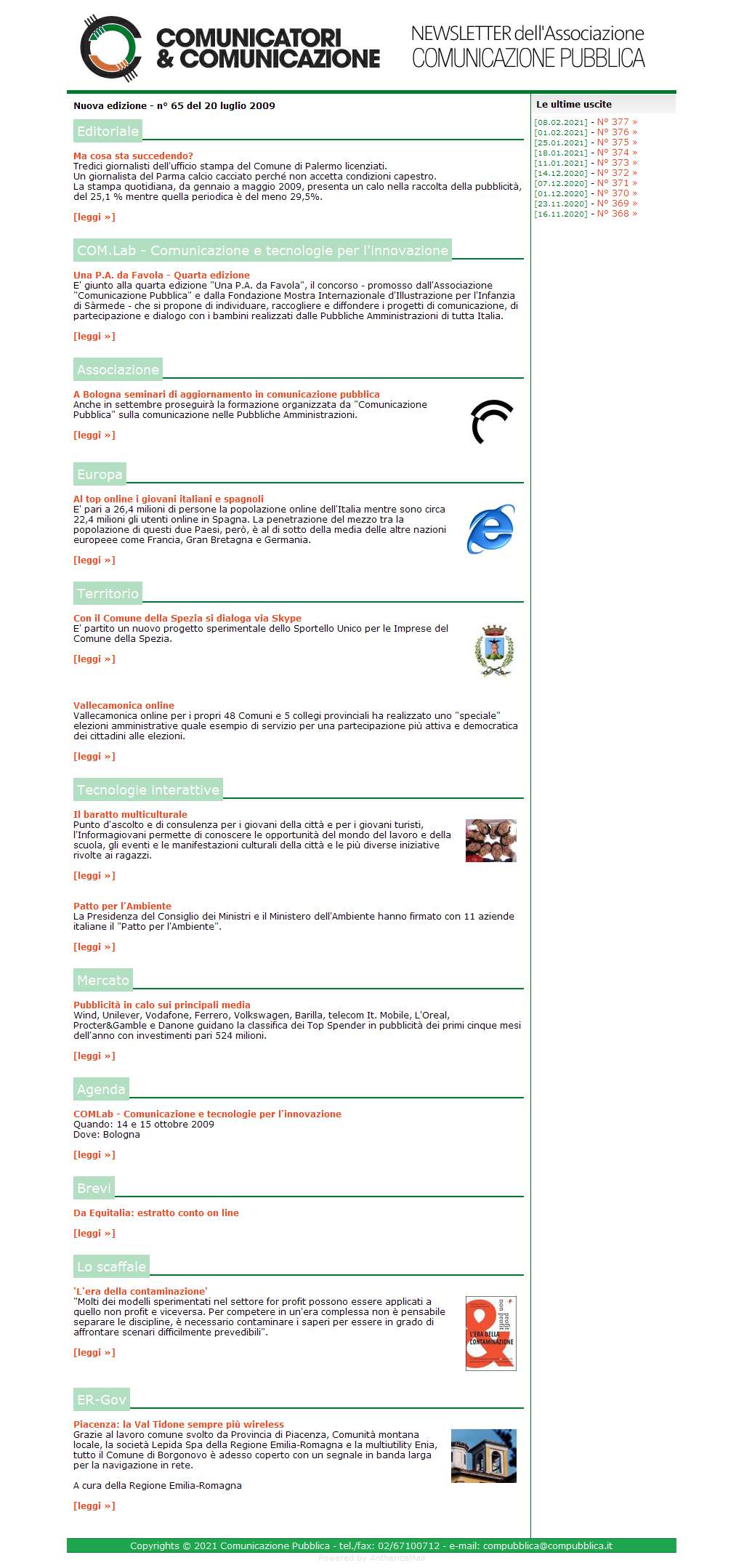 Comunicatori e Comunicazione Newsletter  n� 65 - 20 luglio 2009