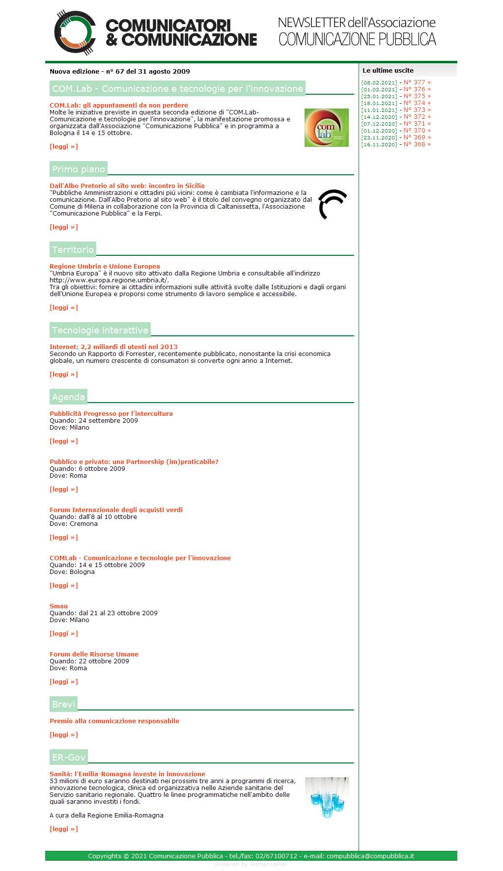 Comunicatori e Comunicazione Newsletter  n� 67 - 31 agosto 2009